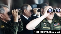 Министр обороны Сергей Шойгу, президент России Владимир Путин и главнокомандующий сухопутными войсками Олег Салюков