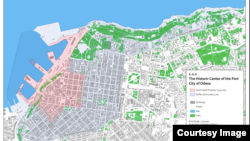 Карта охранной зоны ЮНЕСКО в Одессе, розовым цветом отмечена охранная зона, серым – буферная