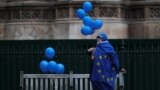 Anti-Brexit activist wrapped in an EU flag