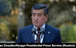 Kyrgyzstan's President Sooronbai Jeenbekov speaks in Bishkek after the country's October 4, 2020 parliamentary elections.