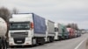 Lithuania - A line of trucks at the Medininkai (LT-BLR) border checkpoint. From April 16, 2022, the European Union will no longer allow trucks with Belarusian and Russian license plates to leave. 15Apr2022