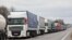 Lithuania - A line of trucks at the Medininkai (LT-BLR) border checkpoint. From April 16, 2022, the European Union will no longer allow trucks with Belarusian and Russian license plates to leave. 15Apr2022