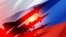 Silhouette of missiles on a background of the flag of Russia and the sun. Nuclear weapon concept. Demonstration of weapons of Russia.