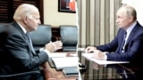 Russian President Vladimir Putin attends a meeting with US President Joe Biden via a video call, COLLAGE