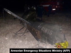 A November 9, 2020 photo reportedly shows the remains of a Russian helicopter shot down in Armenia near the border with Azerbaijan. Two servicemen died in the attack.