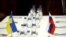 Belarus - Russian and Ukrainian flags are seen on a table before the talks between officials of the two countries in the Gomel region, Belarus February 28, 2022