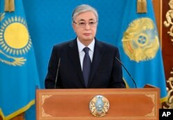 Kazakh President Qasym-Zhomart Toqaev addresses the nation on January 7, 2022.