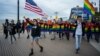 U.S. -- Participants of the Russian-speaking LGBT Pride March walk down Brighton Beach boardwalk in the Brooklyn borough of New York, May 20, 2017