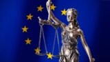 Generic – Themis with scale, symbol of justice on European Union flag background composition