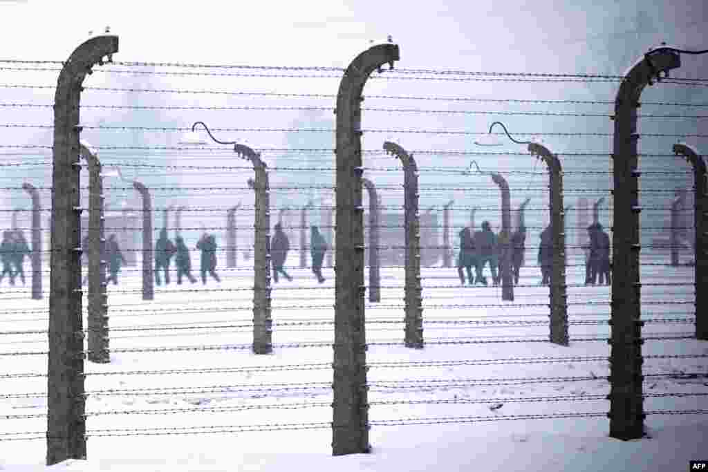 Фотография посетителей сквозь забор колючей проволоки на мемориальной площадке бывшего нацистского концлагеря Аушвитц в Освенциме, Польша. (AFP/Joel Saget)