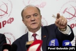 Russian Communist Party leader Gennady Zyuganov takes a question at a September 19, 2021 press conference in Moscow about the parliamentary-regional elections.