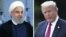 U.S./IRAN - A combo photograph issued on 07 August 2018 shows Iranian President Hassan Rouhani (L) arriving for the Shanghai Cooperation Organization (SCO) summit 2018 summit in Qingdao, China, 10 June 2018, and US President Donald J. Trump (R) walking to