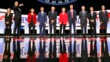 Detroit, Michigan - Democratic 2020 U.S. presidential candidates (L-R) author Marianne Williamson, U.S., Rep. Tim Ryan, U.S. Senator Amy Klobuchar, South Bend Mayor Pete Buttigieg, U.S. Senator Bernie Sanders, U.S. Senator Elizabeth Warren, former U.S. Re