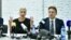 BELARUS -- Members of the Coordination Council formed by the opposition to oversee efforts for a peaceful transition of power, former arts minister Paval Latushko, opposition figure Maryya Kalesnikava and lawyer Maksim Znak attend a press conference on th