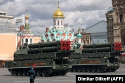 Buk-M3 air defense missile systems move across Moscow's Red Square during a May 7, 2021 rehearsal for the annual Victory Day military parade.