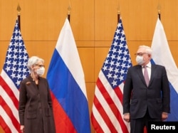 U.S. Deputy Secretary of State Wendy Sherman and Russian Deputy Foreign Minister Sergei Ryabkov attend security talks in Geneva, Switzerland on January 10, 2022.