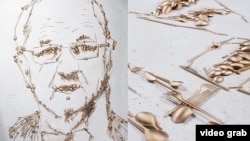 Картина, изображающая министра обороны Литвы при помощи "золотых" приборов