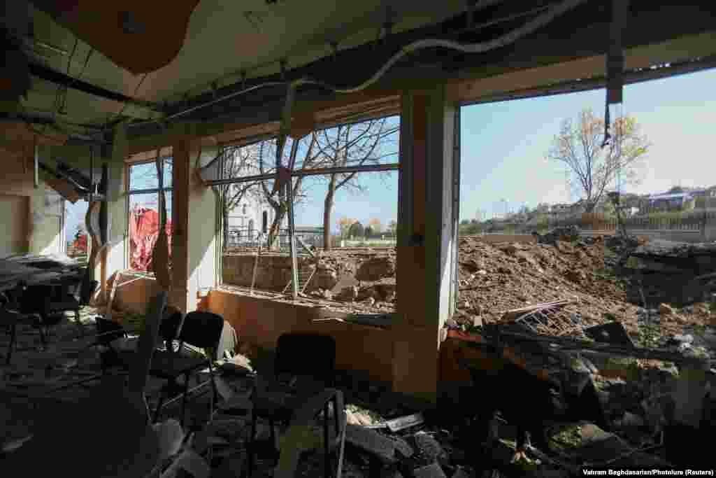 NAGORNO-KARABAKH -- An interior view shows a damaged building following recent shelling in the town of Shushi (Shusa), in the course of a military conflict over the breakaway region of Nagorno-Karabakh, October 29, 2020