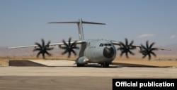 Turkish servicemen on board a military aircraft arrive in Nakhchivan in July 2020.