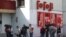 RUSSIA -- Journalists gather outside the Gogol Center theater in Moscow, August 22, 2017