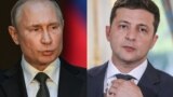 COMBO -- (COMBO) This combination of pictures created on July 11, 2019 shows Russian President Vladimir Putin (Left) speaking during a press conference at palazzo Chigi in Rome on July 4, 2019. And Ukraine's President Volodymyr Zelenskiy during a press co