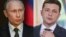 COMBO -- (COMBO) This combination of pictures created on July 11, 2019 shows Russian President Vladimir Putin (Left) speaking during a press conference at palazzo Chigi in Rome on July 4, 2019. And Ukraine's President Volodymyr Zelenskiy during a press co
