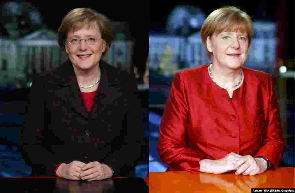 Ангела Меркель записывает первое на посту канцлера Германии новогоднее обращение в 2005 году (слева). На фото справа &ndash; Ангела Меркель сейчас