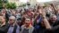 ARMENIA -- Opposition supporters shout in front of the Marriott hotel during Armenia's protest leader press conference in Yerevan, April 27, 2018