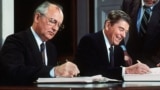 U.S. -- Soviet leader Mikhail Gorbatchev Gorbachev (L) and US President Ronald Reagan sign 08 December 1987 at the Washington summit a treaty eliminating US and Soviet intermediate-range and shorter-range nuke missiles. 