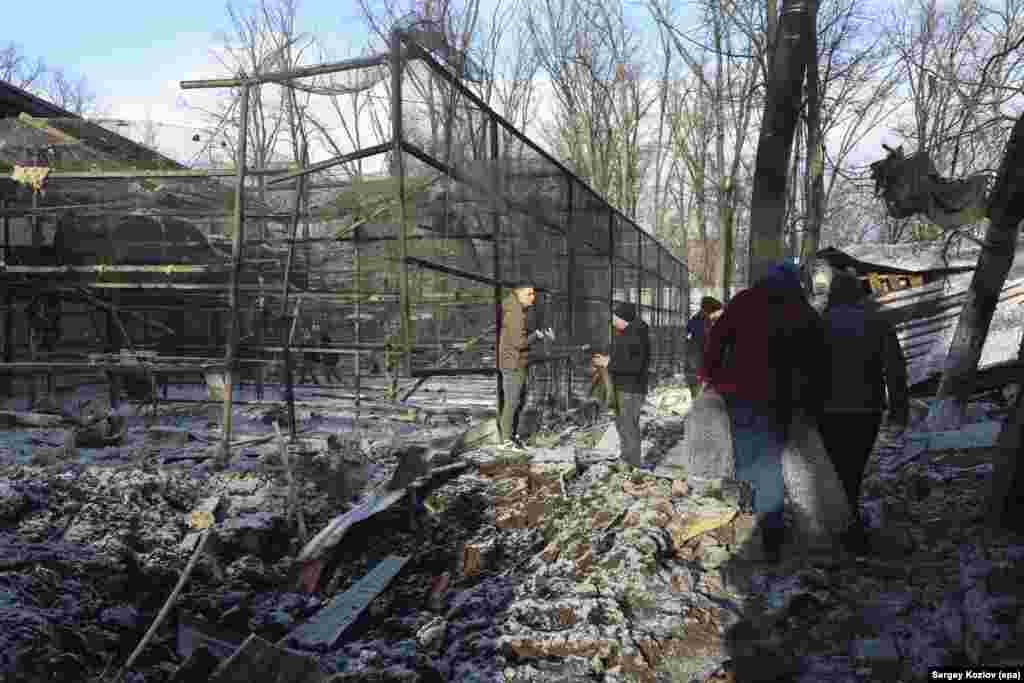 Воронка от ракеты, которая упала на территорию экопарка. "Птица погибла если не вся, то большинство", – сообщил основатель парка Александр Фельдман.Глава Харьковской обладминистрации Олег Синегубов сообщил, что травмы от взрыва получила 40-летняя женщина. Это была волонтерка, она госпитализирована, уточнил Фельдман.