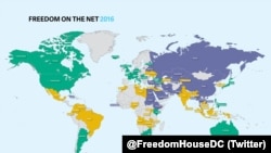 Карта интернет-свобод: фиолетовый – несвободные страны, желтый – частично свободные, зеленые – свободные
