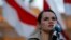 GERMANY -- Belarusian opposition leader Svyatlana Tsikhanouskaya speaks during a protest by supporters of the Belarusian opposition movement calling for an end to the president's authoritarian regime in Berlin, October 5, 2020