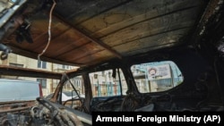 A car destroyed by shelling in Stepanakert, capital of the breakaway Nagorno-Karabakh region, on September 29, 2020