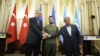 UKRAINE – From left to right: Turkish President Tayyip Erdogan, Ukrainian President Volodymyr Zelenskyi and UN Secretary-General Antonio Guterres during a joint press conference. Lviv, August 18, 2022