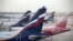 RUSSIA -- Passenger planes of the Aeroflot and Rossiya airlines are parked at the Sheremetyevo International Airport, May 12, 2021
