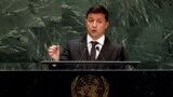 Holding up a bullet, Ukrainian President Volodymyr Zelenskiy addressed the 74th session of the United Nations General Assembly on September 25, 2019. 
