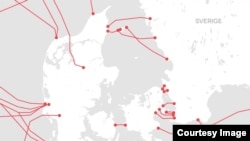 Кабели связи, которые проходят через территорию Дании, инфографика Dr.dk