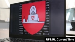 The logo of Belarus' Cyberpartisans hacker group features red and white, colors used by the Belarusian opposition. 