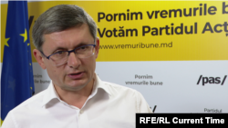 Igor Grosu, leader of Moldova's Action and Solidarity Party, speaks with Current Time Evening anchor Iryna Romaliiska after his party's win (based on preliminary data) in Moldova's July 11 parliamentary elections. 