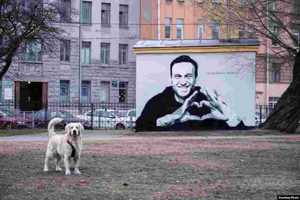 The mural depicted Navalny making the heart gesture to his wife from a glass defendants&#39; cage in a Moscow courtroom in early February after he was sentenced and taken away to a Russian prison for 2 1/2 years.