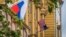 RUSSIA  -- A Russian flag flies next to the U.S. embassy building in Moscow, July 31, 2017