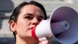 BELGIUM – Belarusian opposition leader Sviatlana Tsikhanouskaya attends a protest against the political situation in Belarus, in front of the European Parliament in Brussels, 21 September 2020