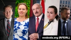 (From left to right:) Andrey Dzmitryeu, Hanna Kanapatskaya, Alyaksandr Lukashenka, Svyatlana Tsikhanouskaya, Syarhey Cherachan