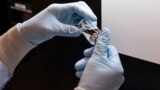 A lab technician visually inspects a filled vial of investigational coronavirus disease 