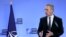 BELGIUM -- NATO Secretary-General Jens Stoltenberg speaks during a news conference with U.S. Secretary of State at NATO's headquarters in Brussels, April 14, 2021