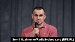 Oleh Sentsov talks to journalists in Kyiv on September 10. 