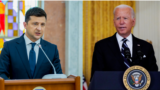 A combo photo shows Ukrainian President Volodymyr Zelenskiy (left) and U.S. President Joe Biden