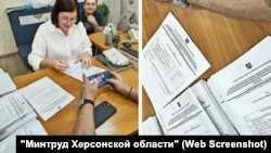 "Глава Министерства труда и соцзащиты Херсонской области" от оккупационных властей Алла Бархатнова подписывает документы о том, что вывезенным из Херсонского дома ребенка детям выдали российское свидетельство о рождении и СНИЛС. Оккупированный Крым, 6 августа 2023 года