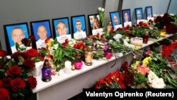 A memorial in Ukraine's Boryspil International Airport to the nine crew members of the Ukraine International Airlines Boeing 737-800 plane that crashed in Iran on January 8, 2020.
