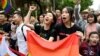 TAIWAN -- Supporters of same-sex marriage celebrate outside the parliament in Taipei, May 17, 2019